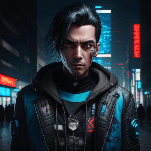 AI generated: 32k, RAW photo, detailed skin, 8k UHD, high quality:1. 2), street style portrait of cyberpunk man, b...
