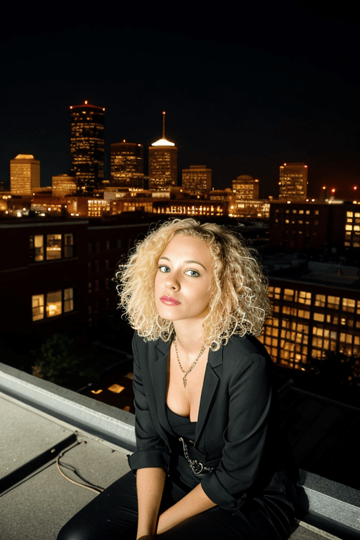 AI generated: woman (with curly blonde hair) sitting on the building rooftop at night (Boston skyline) film photog...