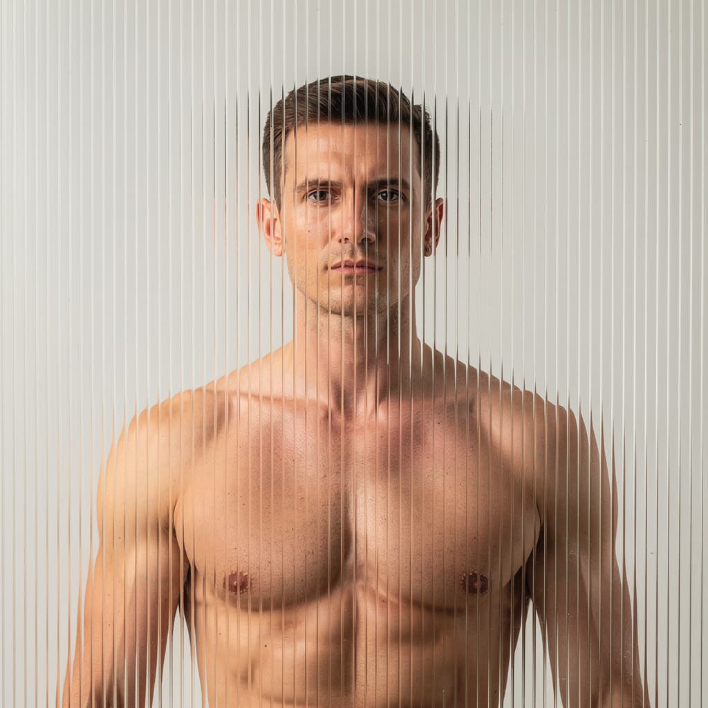 AI generated: high resolution photography, front central profile, man facing front, gaze to front, shirtless, phot...