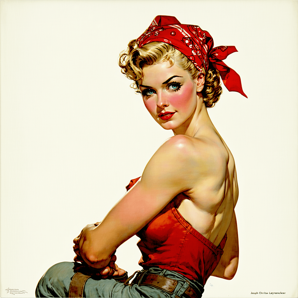 AI generated: Cover art quality illustration by ((Joseph Christian Leyendecker)), a Rosie the Riveter, 3/4 shot, f...