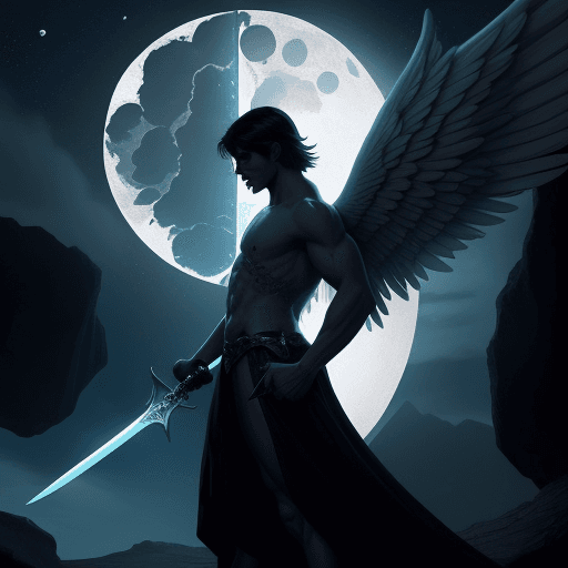 AI generated: A strong angel dark having a sword with his big wings in the cave  with a little moon light
in a hig...