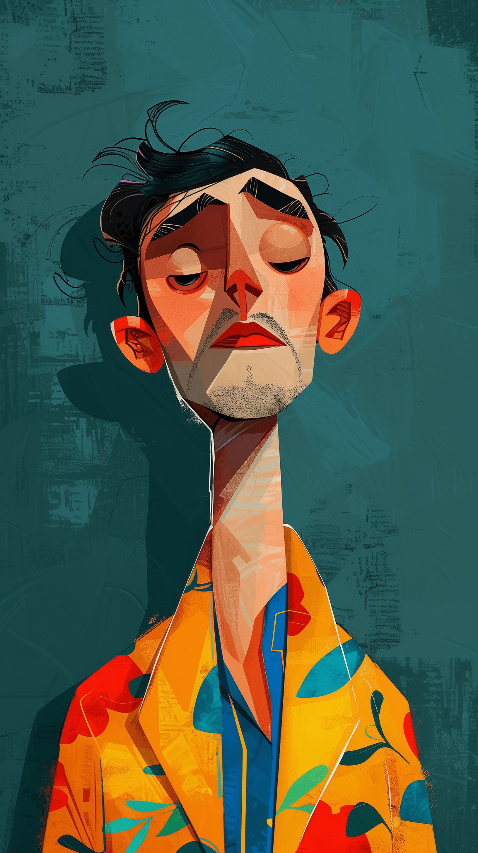 AI generated: illustration, series of simple and colorful, man, exaggerated, against a solid deep green background...