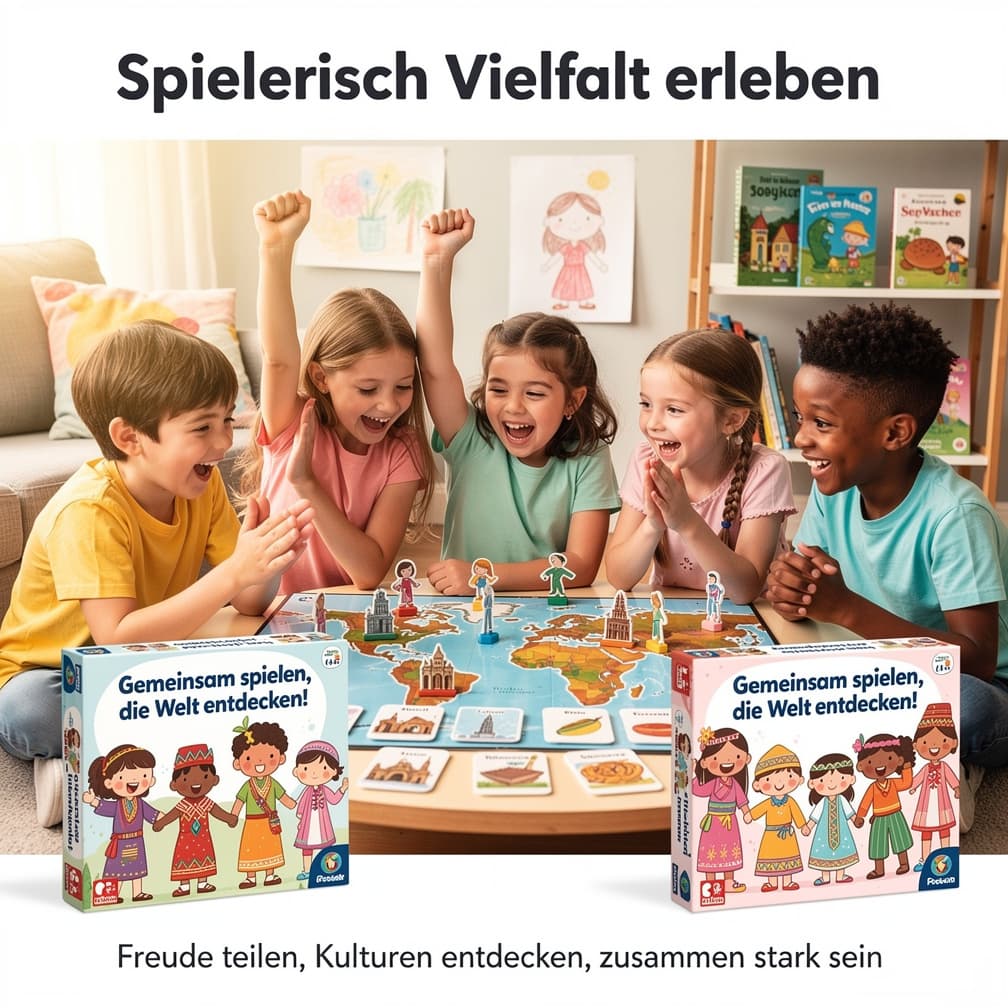 AI generated: Bunte und herzliche Werbung für ein Kinderspiel. Kinder sitzen zusammen am Tisch, spielen voller Beg...