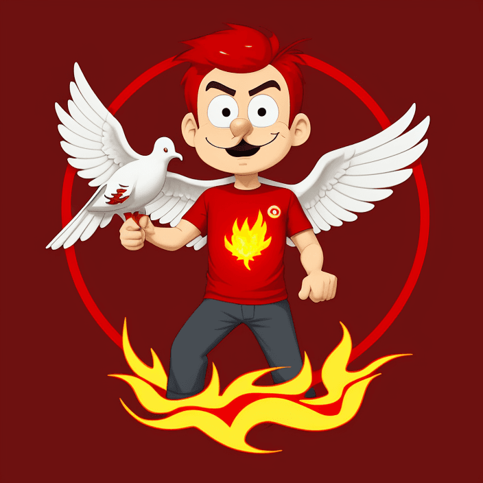 AI generated: logo, cartoon man with a dove of fire inside red circle, red theme