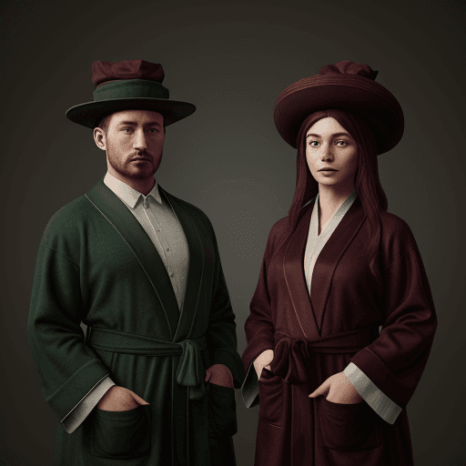 AI generated: a picture of two people, wearing cloth hats and robes, in the style of realistic animal portraits, u...