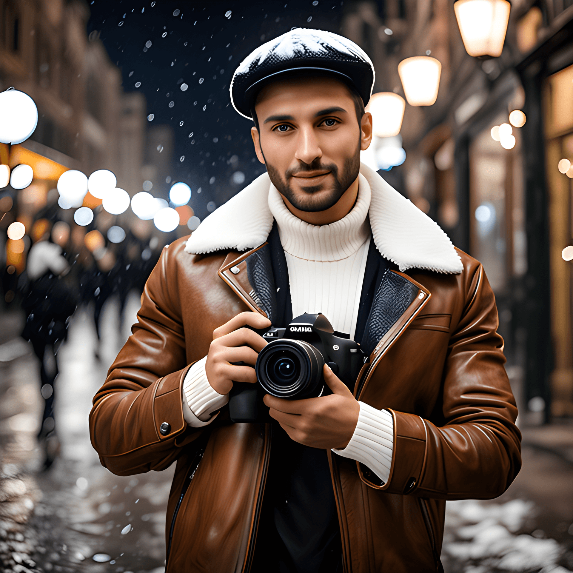 AI generated: holding a dslr camera, handsome Italian-Iranian young man holding a dslr camera in a light brown lea...