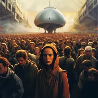 AI generated video: A woman on an overpopulated planet stares at the camera as thousands of people walk past her. she is...