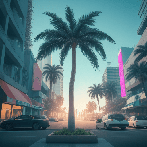 AI generated: Photo of a ultra realistic neon palm tree in the city center of the future, cinematic, 8k