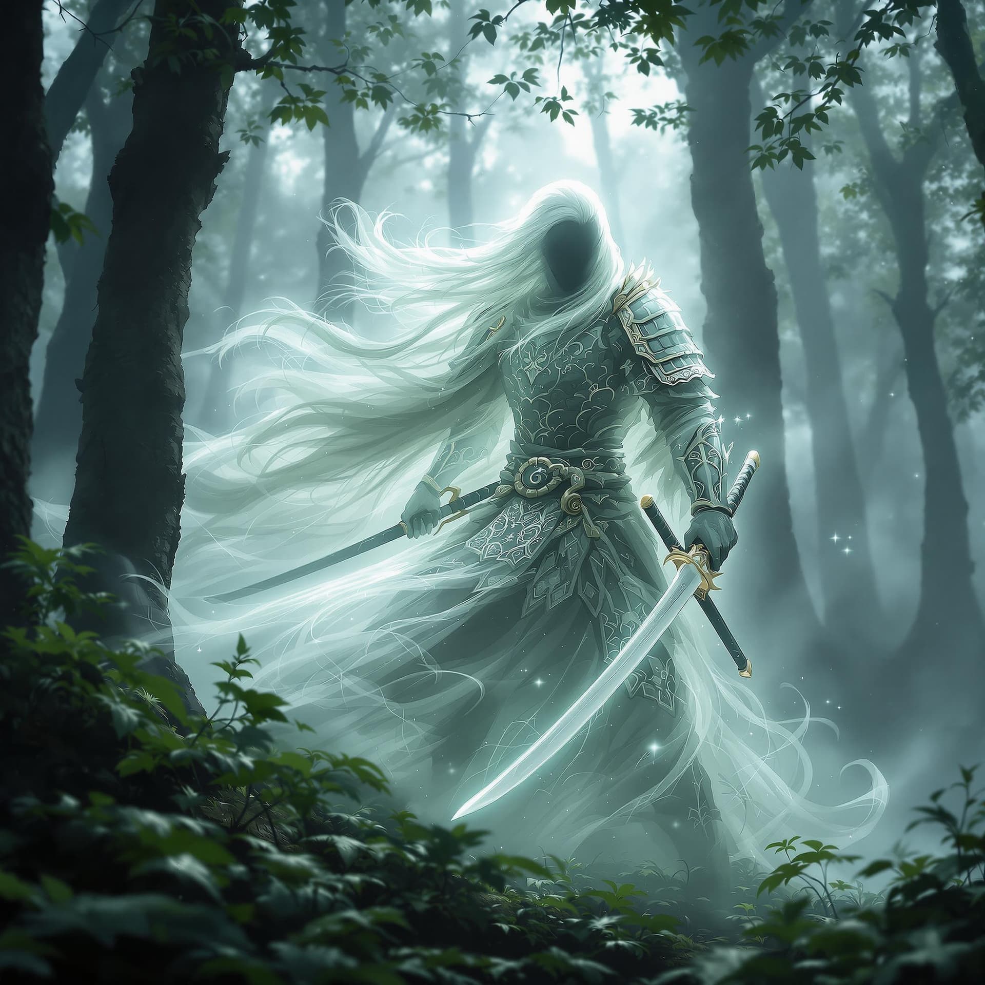 AI generated: A ghost samurai, his spectral form emerging from the misty depths of a dense forest. His ethereal ar...