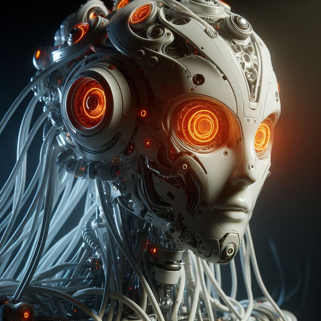 AI generated: 1 robot, organic, orange  glowing eyes, cyberhelmet, long hair, white plastic, diffuse lighting, fan...