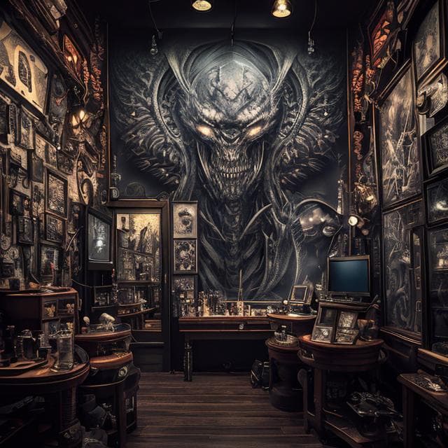 AI generated: a tattoo parlor , (detailed stunning environment), cinematic, cover art, (low front angle), full vie...