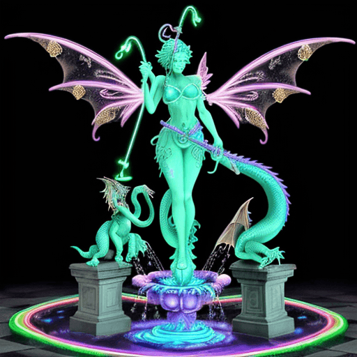 AI generated: a (Unique Masterpiece) 'water fountain' with 2 arms. the Statue has two huge serpent-dragons standin...
