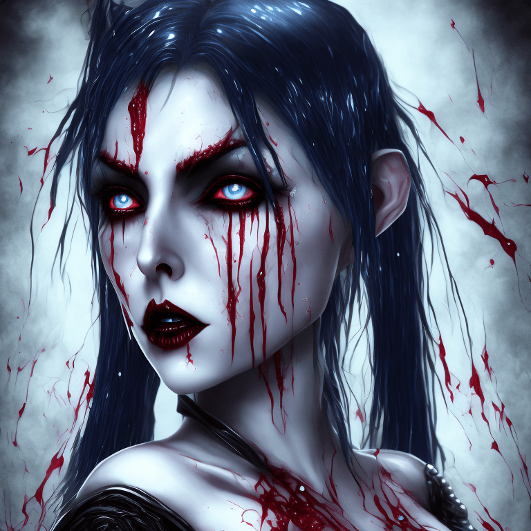 AI generated: beautiful white skin female vampire,dark blue hair,crimson red eyes,charmer,alluring, queen vampires...