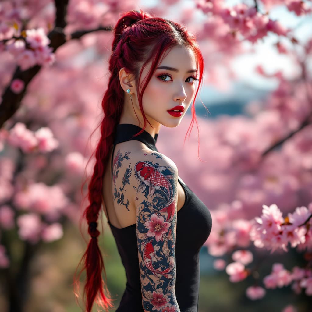 AI generated: Hyperrealistic full body view of stunning Korean kpop idol with red braided ponytail, full sleeve ko...