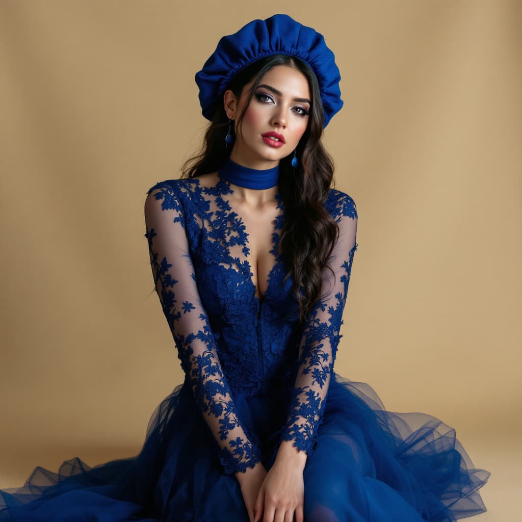 AI generated: WOMAN WITH COMMUNION LACE DRESS WITH BLUE TIGHTS AND BLUE BERET
