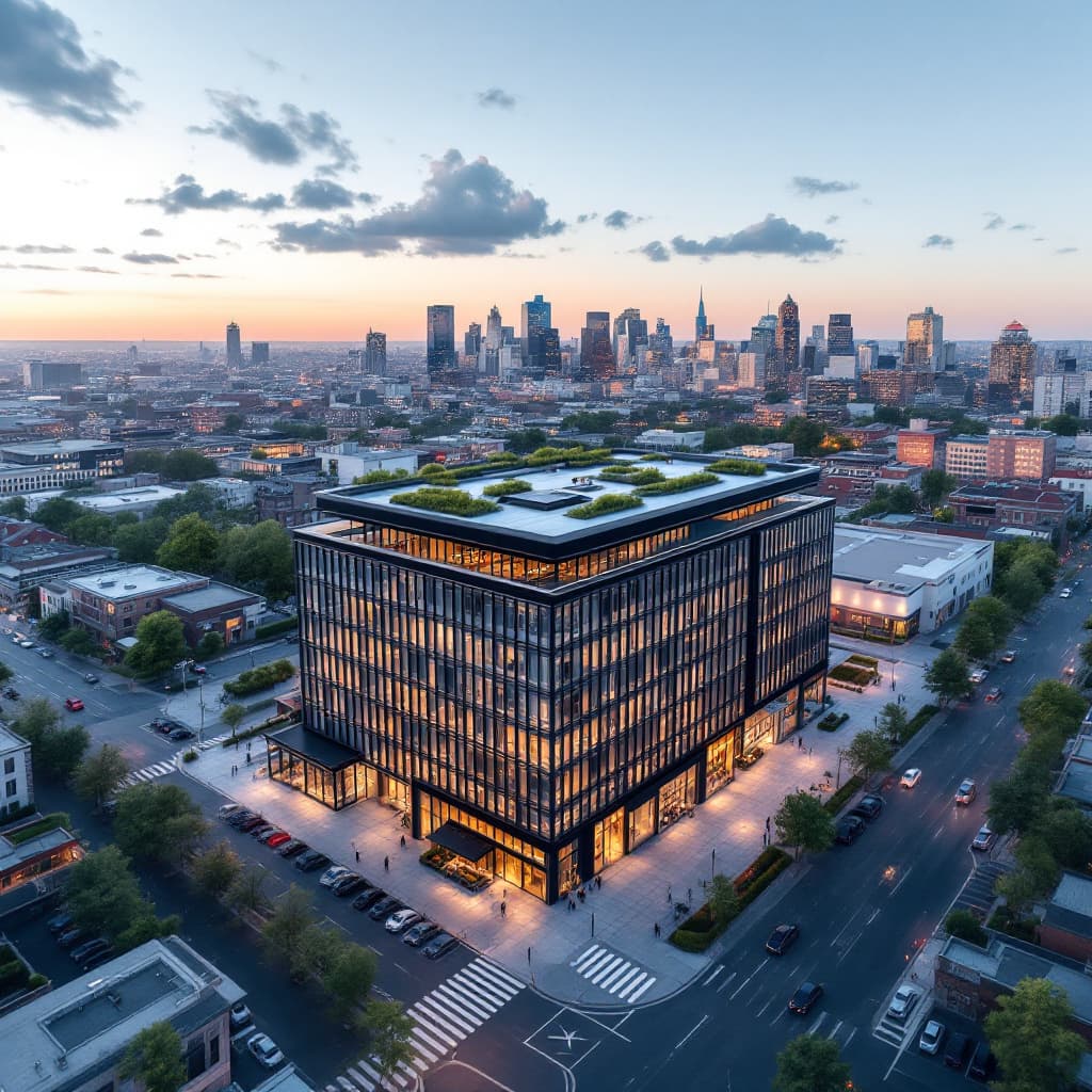 AI generated: high-end commercial building with a new flat roof - ultra realistic photograph. beautiful sky and sm...