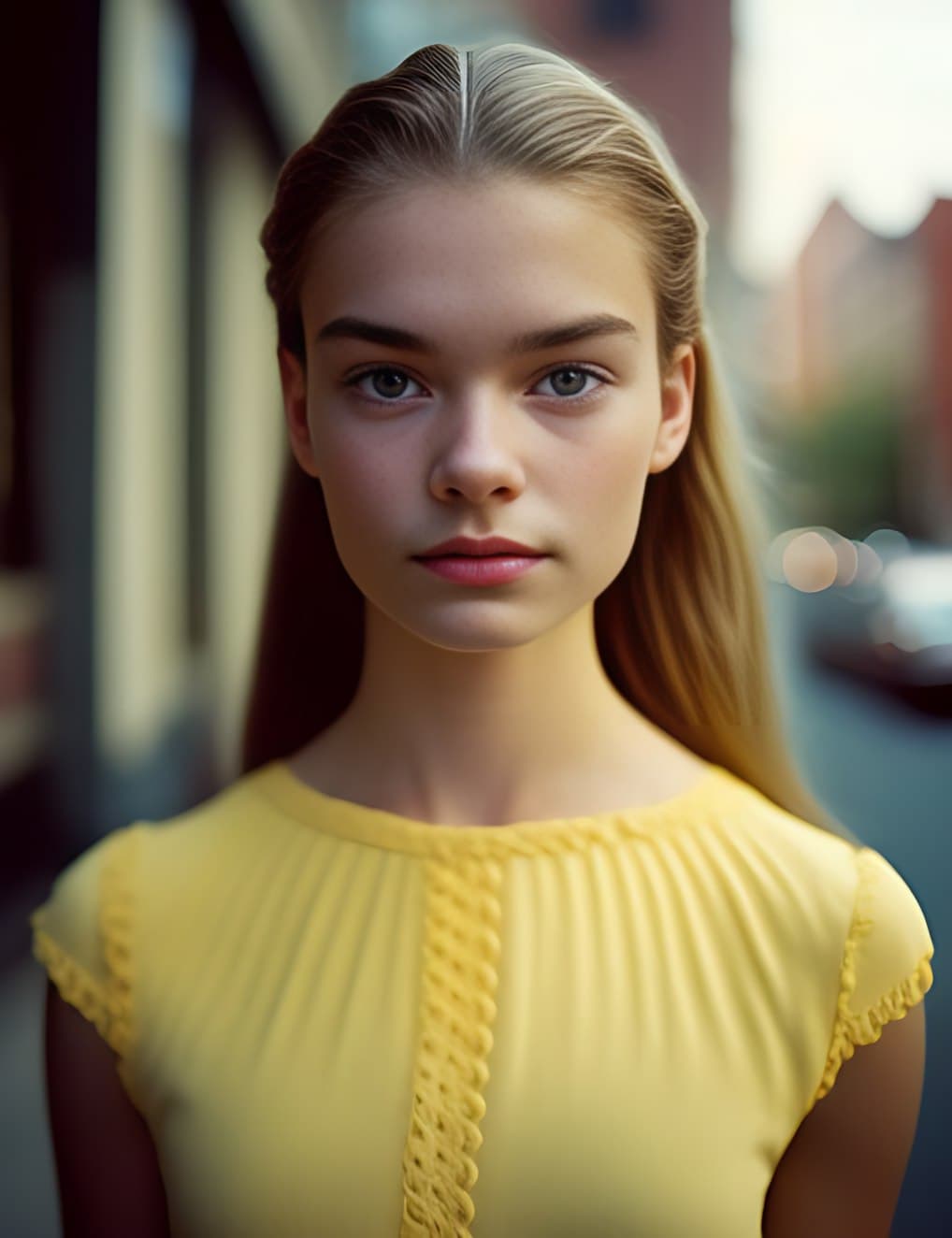 AI generated: fashion photography beautiful 18 years old model with fine facial features in dress in the streets o...
