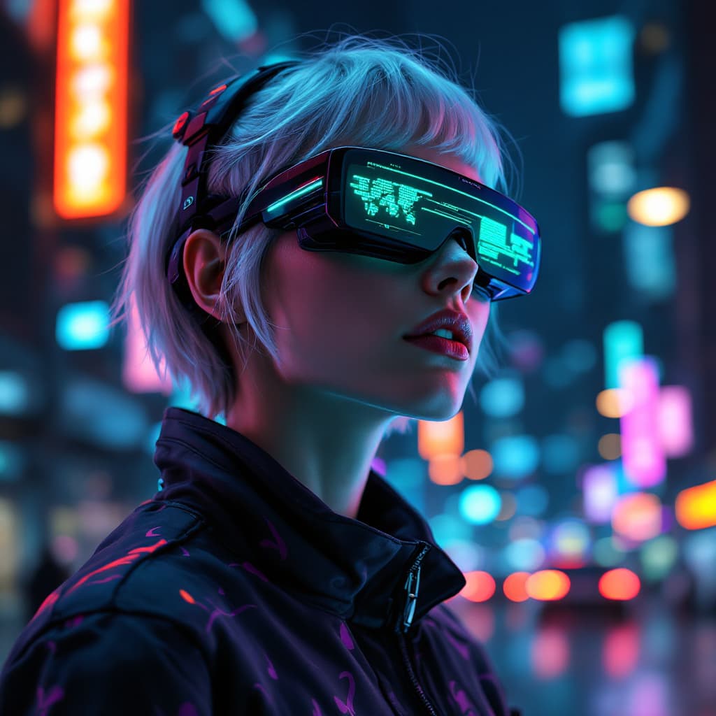 AI generated: A futuristic digital illustration features a woman wearing augmented reality glasses in a vibrantly ...