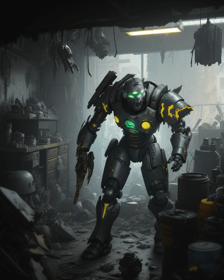 AI generated: Wide angle Environmental shot in a cluttered and messy shack , action shot, tattered torn shirt, por...