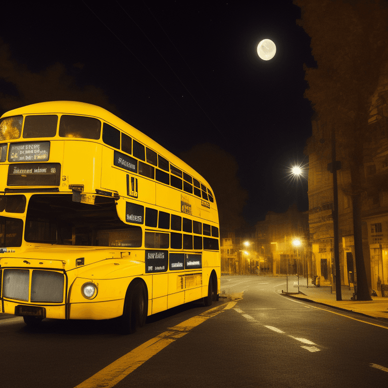 AI generated: mid shot view of a dark bus in the middle of the night, , moonlight, eerie setting