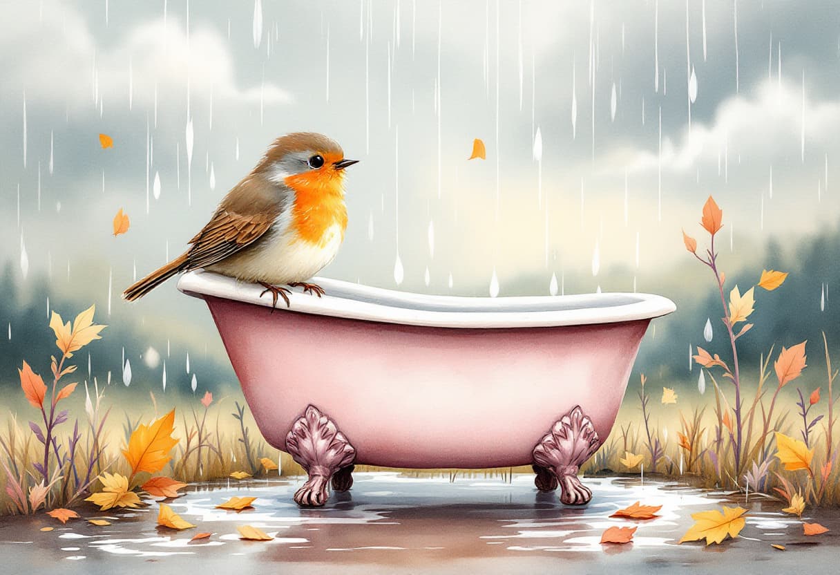 AI generated: A whimsical and charming watercolor illustration scene depicting a little robin perched on the edge ...