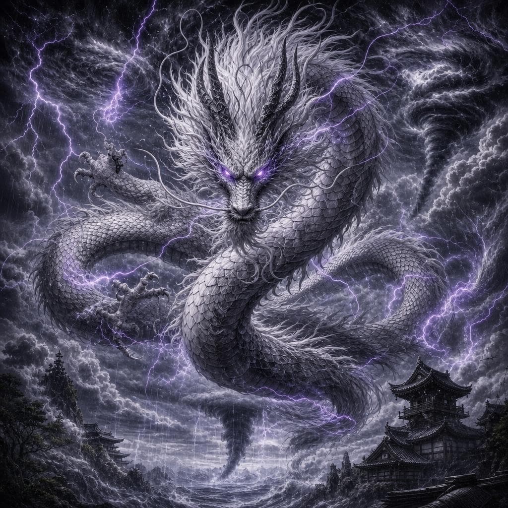 AI generated: a Japanese style dragon that controles storm like Lightning, Dark Clouds, Tornados, and trentals rai...