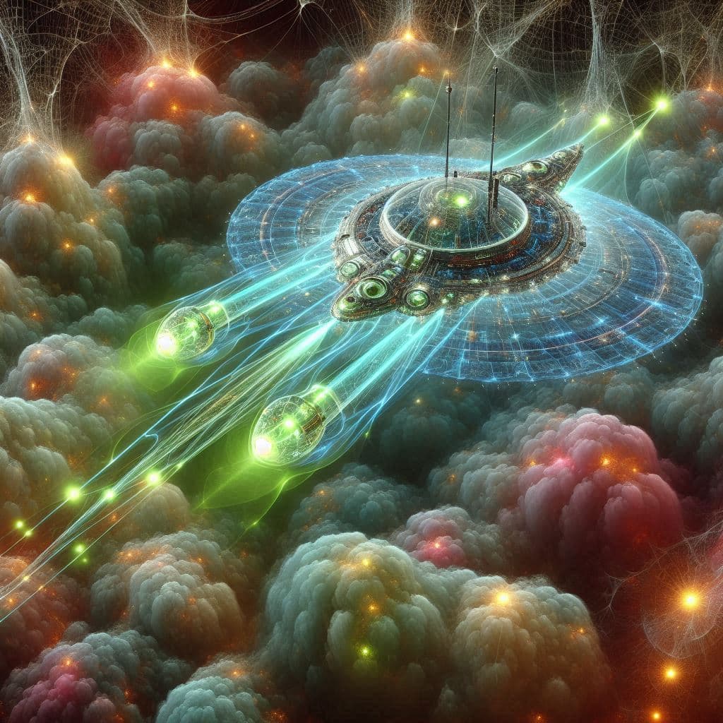 AI generated: The alien spacecraft is a glowing fractal framework holding transparent radio tubes emitting green a...