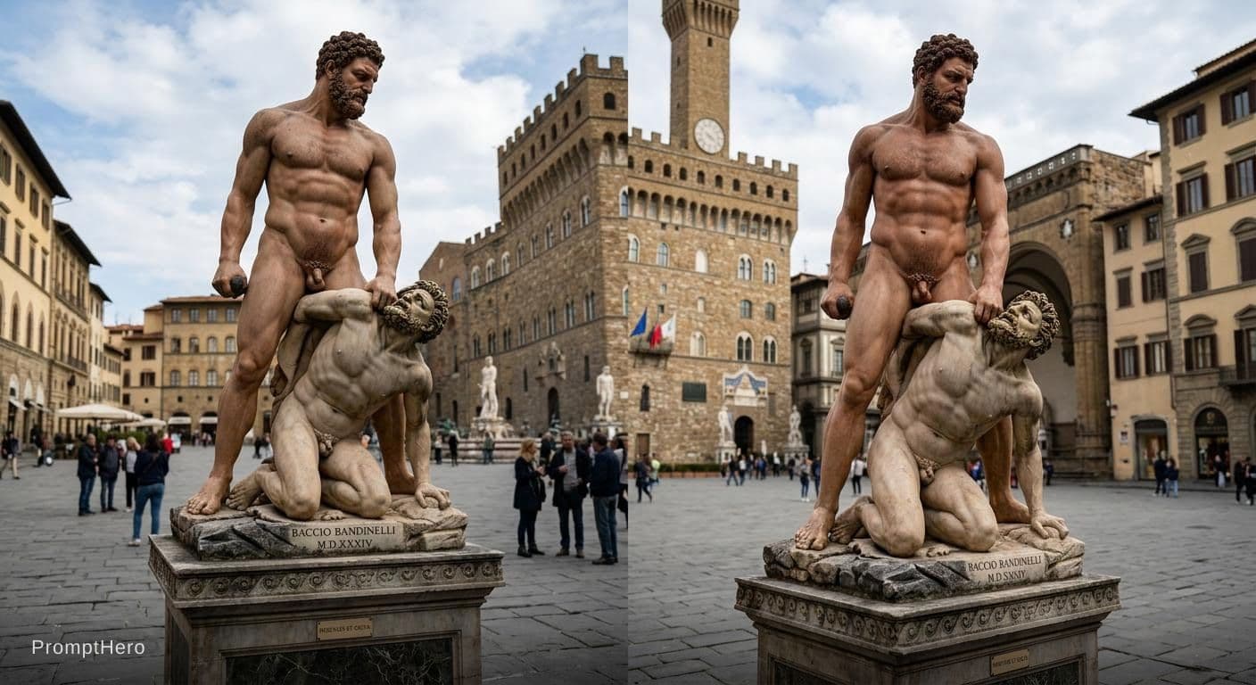 AI generated: Make a hyper realistic 8d colorized human skin and hair toned version of the hurcules and cacus stat...