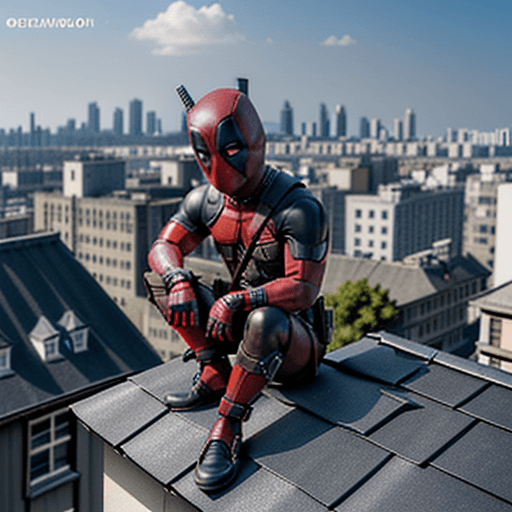 AI generated: chibi deadpool sit on a roof on a building, see down, city in background, highly detailed, 8k