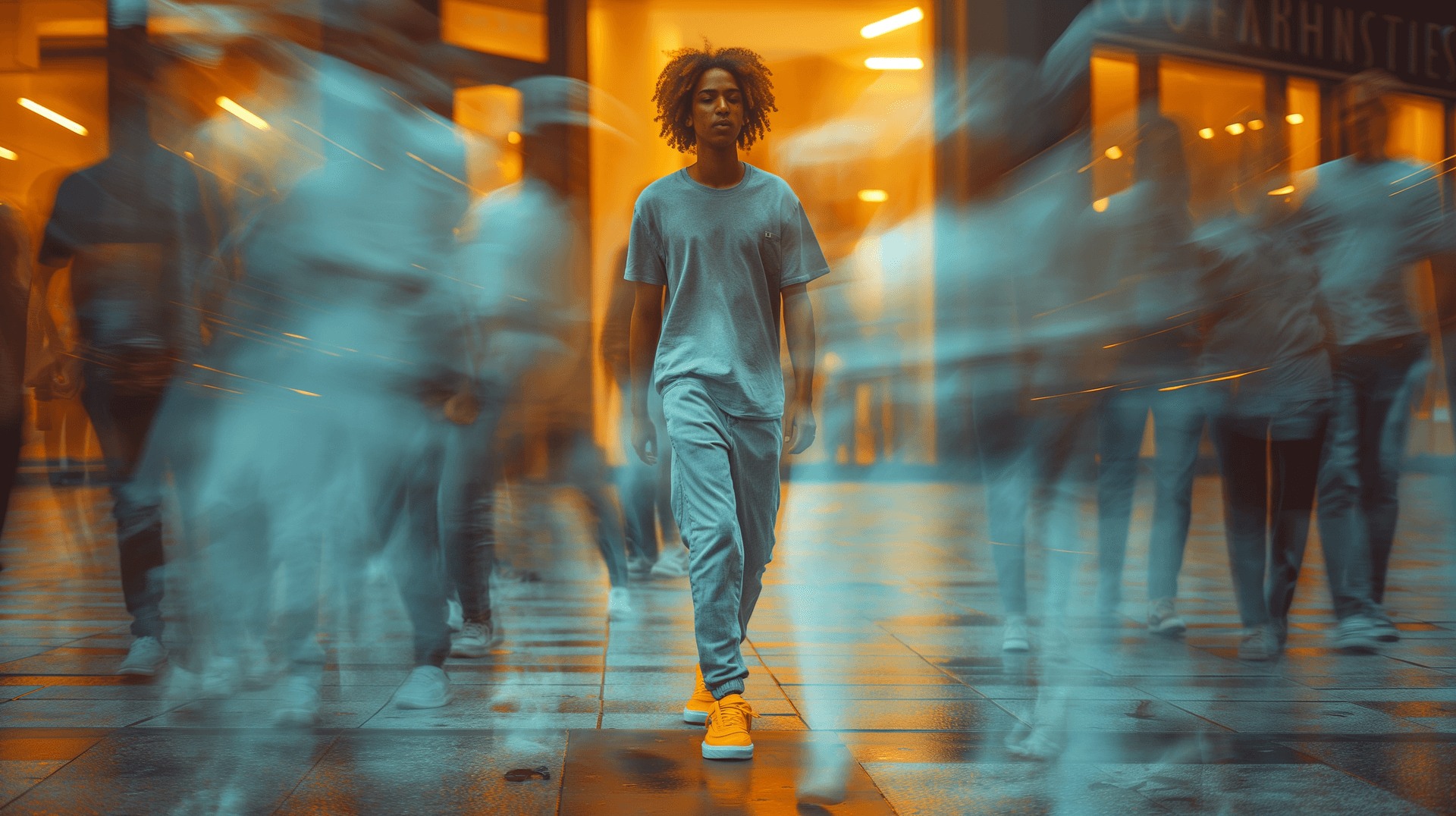 AI generated: photoraphy, front view, an artistic image capturing the essence of urban hustle with a single focuse...