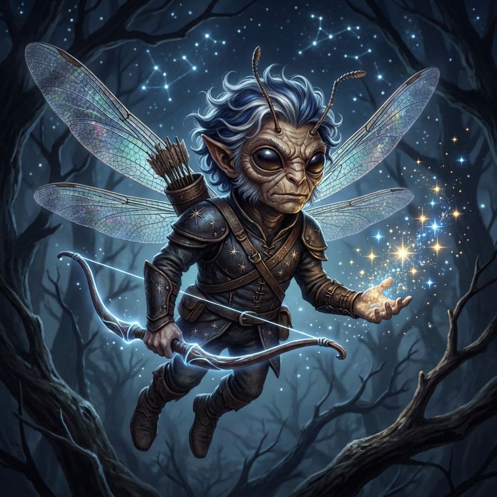 AI generated: realistic small male fairy, with iridescent dragonfly wings and bug like facial features, silver and...
