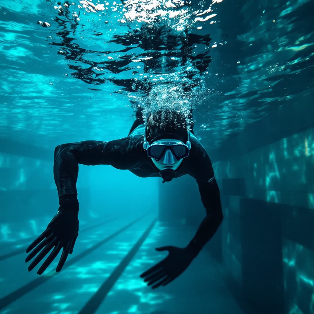 AI generated: Freediver in horizontal position in pool, mask, long fins and wetsuit, arms along the body, crystal ...