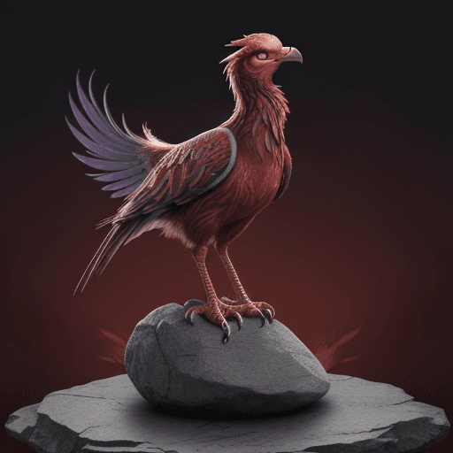 AI generated: Unique yo like phoenix, with pixar like. Plyaing with stone cylindar. Red color of feathers