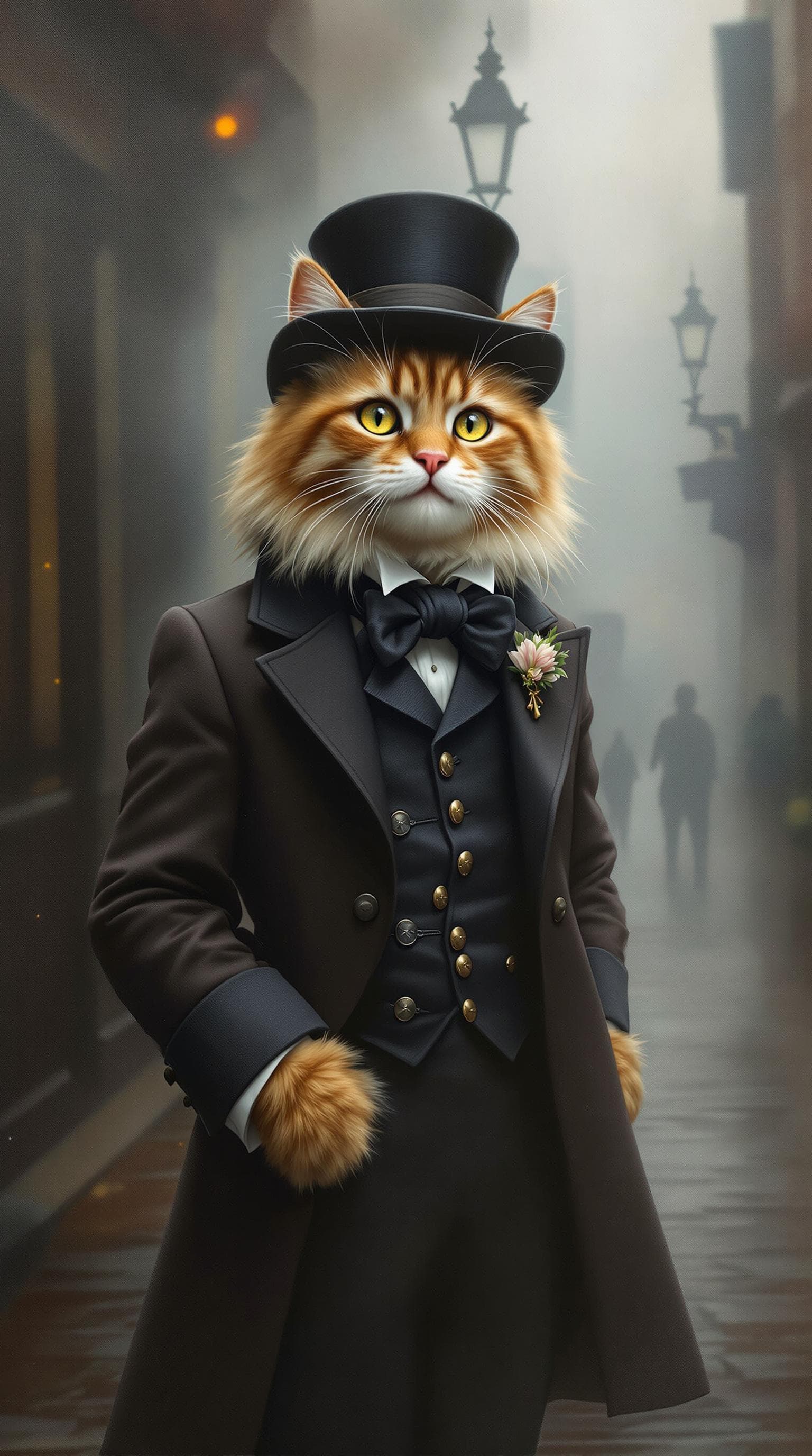 AI generated: masterpiece, best quality, a cute cat dressed as a Victorian gentleman, standing in the foggy street...