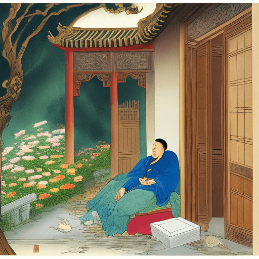 AI generated: realistic Chinese poet lying in a drunken stupor outside the palace door. Morning dawns, he awakes c...