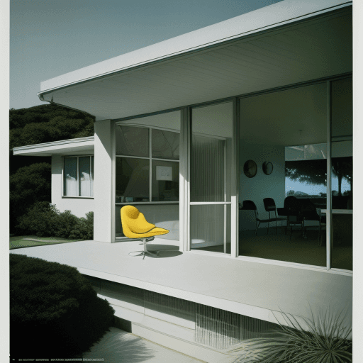 AI generated: Hyper realistic eye level exterior photo of a mid century modern style house overlooking the ocean, ...