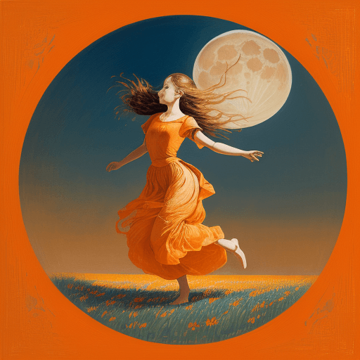 AI generated: a painting of a girl walking in a field under a full moon, in the style of graceful movement, orange...
