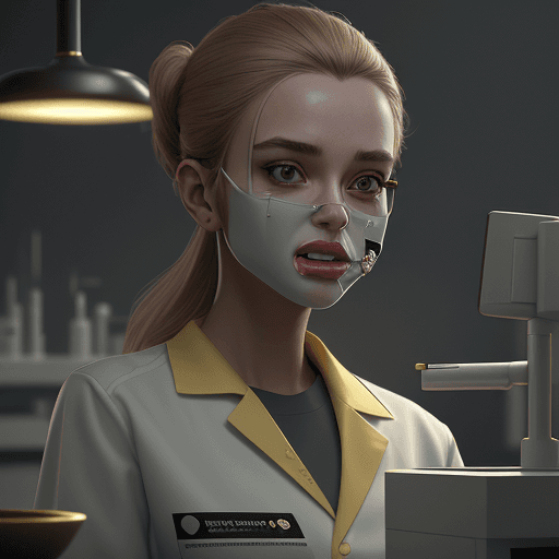 AI generated: young woman, dental laboratory technician working in a dental office with gold, octane render, trend...