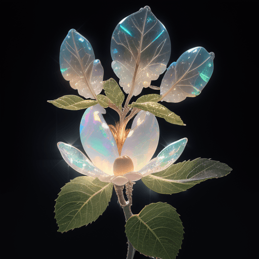 AI generated: a delicate apple made of opal hung on branch in the early morning light, adorned with glistening dew...