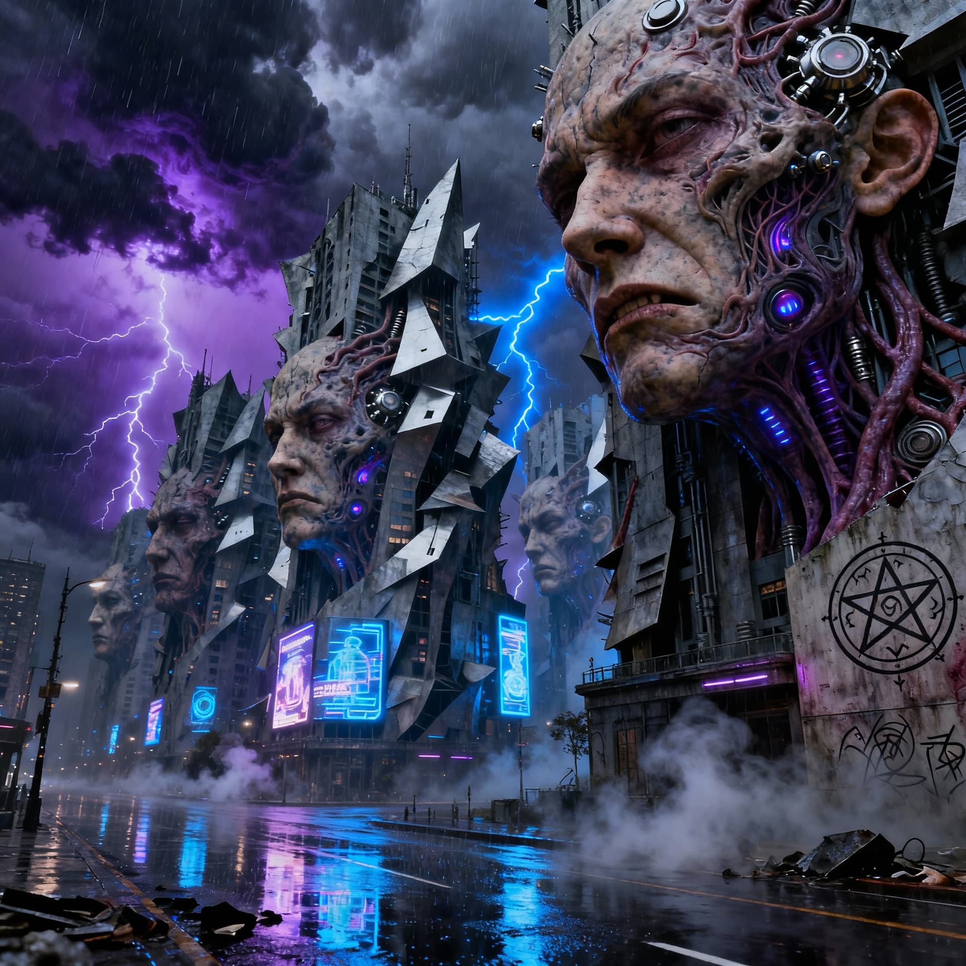 AI generated: Through a rainstorm there is a strange futuristic sci-fi style city in another dimension. Tall monol...