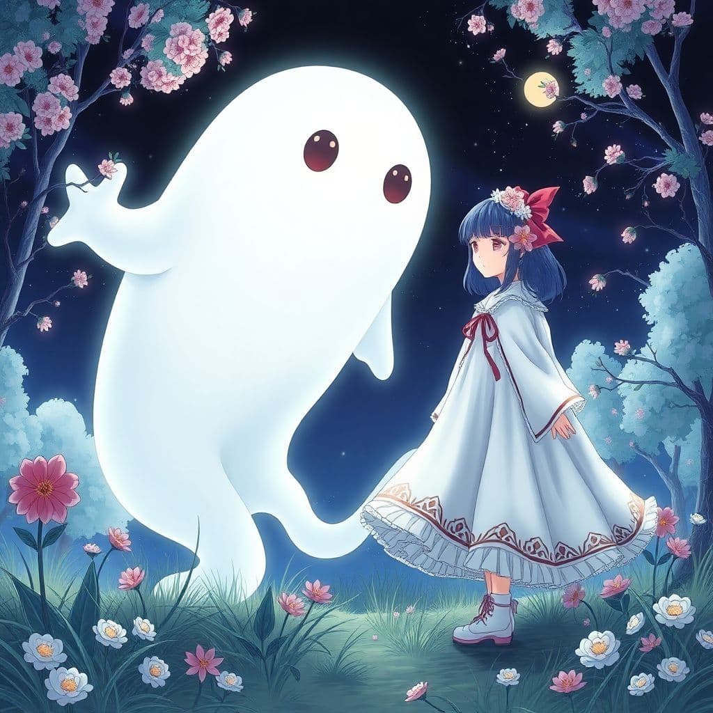 AI generated: (Masterpiece, Award winning, Highest Quality:1.2), 1girl and big ghost by Chiho Aoshima, (highly int...