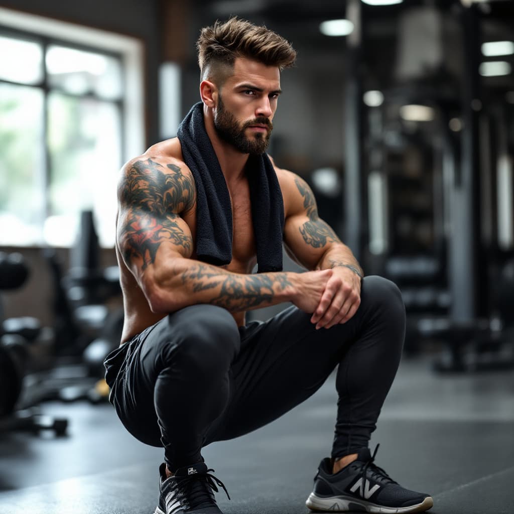 AI generated: man at the gym with towel around neck, gym clothes and sneakers, without tattoo