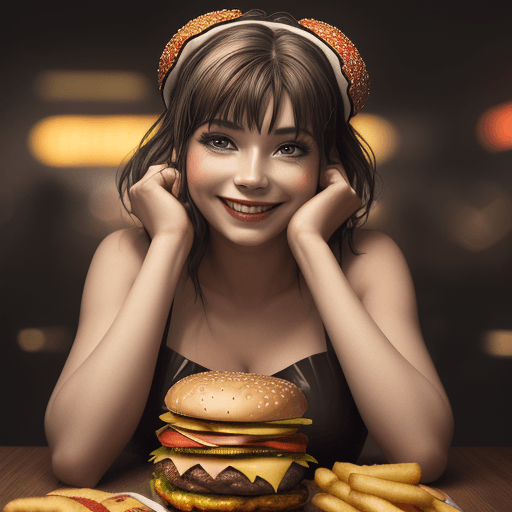 AI generated: Cuisine, A smiling woman wears a dress made of burger as she lays on a table, rich deep colors, intr...