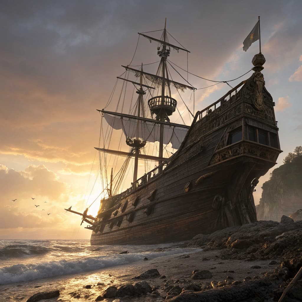 AI generated: Photo of a ultra realistic sailing ship, dramatic light, pale sunrise, cinematic lighting, battered,...