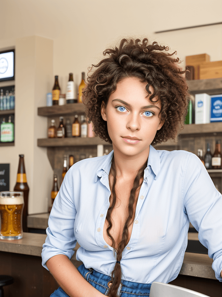 AI generated: a portrait photo of German woman with big light blue eyes and black curly hair in front full body vi...