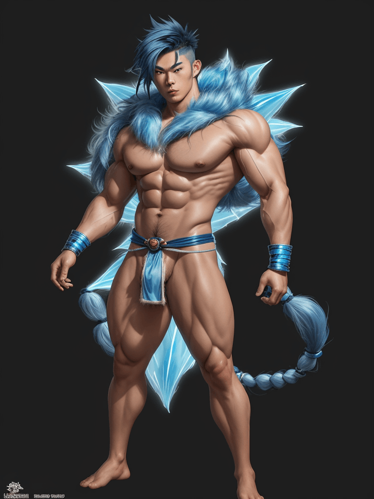 AI generated: Ikki, asian complexion, big muscles and big thighs, blue hair, in his twenties, He wears a tiny tran...