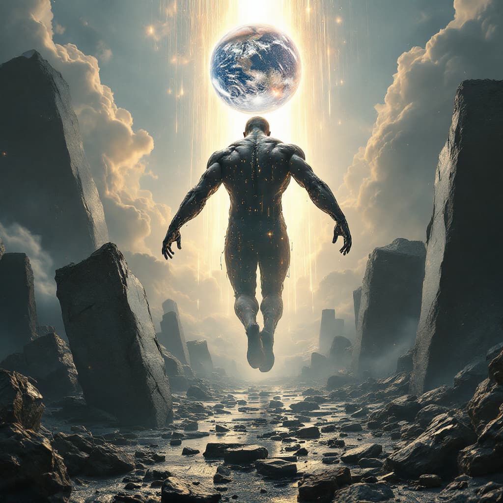AI generated: Darkwave, synthwave,  epic music album cover. It portrays a close up of a floating very muscular per...