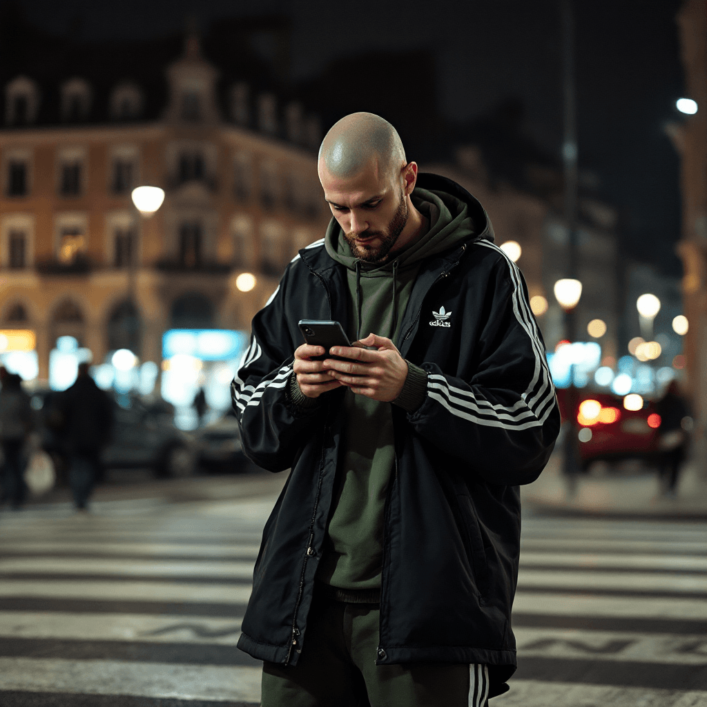 AI generated: A young, slim man with pale skin, bald head, and a little beard, engrossed in his iPhone 15 Pro at J...