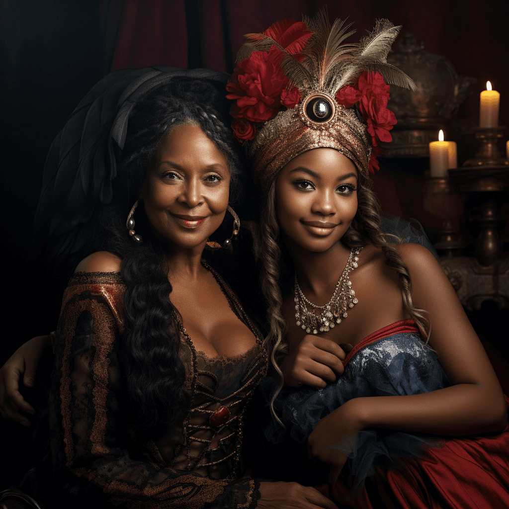 AI generated: a young black beautiful lady with rosy cheeks, Sparkling Eyes, sitted in sofa with her grand mother,...
