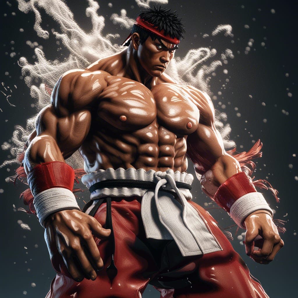 AI generated: Street Fighter Ryu, color, full body, muscular, intricate, highly detailed, photorealistic, splash, ...